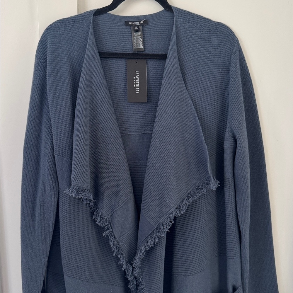 NWT Lafayette 148 Blue Wool Cashmere Fringe Cardigan Sweater Size XL